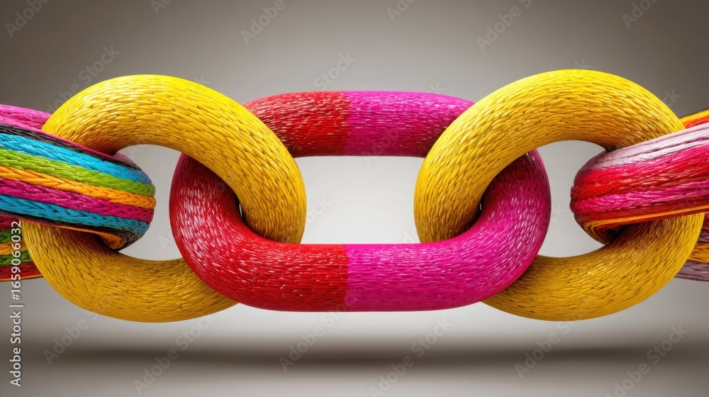 Poster vibrant multicolored chain depicting connections and interactions in a dynamic environment symbolizi