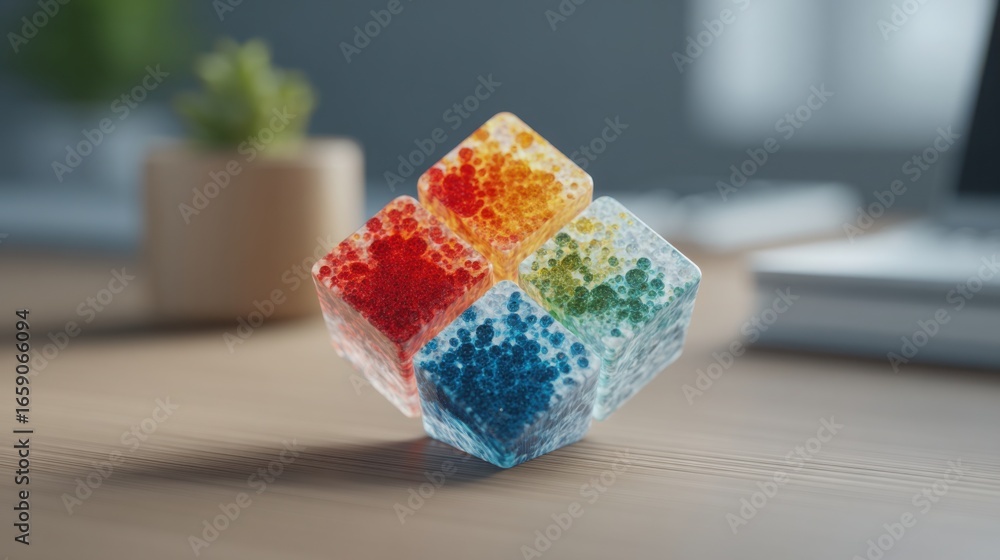 Aufkleber colorful cube object placed on a table representing creativity and modern design in digital artwork 