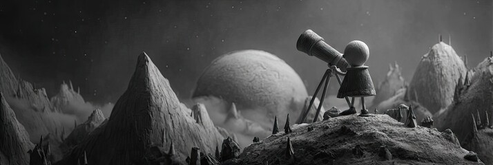 Monochrome animation depicting a small figure using a telescope to observe a large celestial body amidst a mountainous landscape under a starry night sky