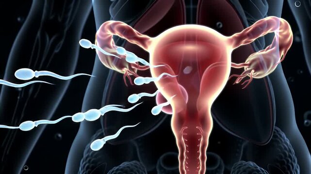 Detailed Animation of Female Reproductive System with Sperm Fertilization Process Featuring Glowing Red Uterus and Fallopian Tubes Against a Dark Background Optimized for Medical Stock Footage