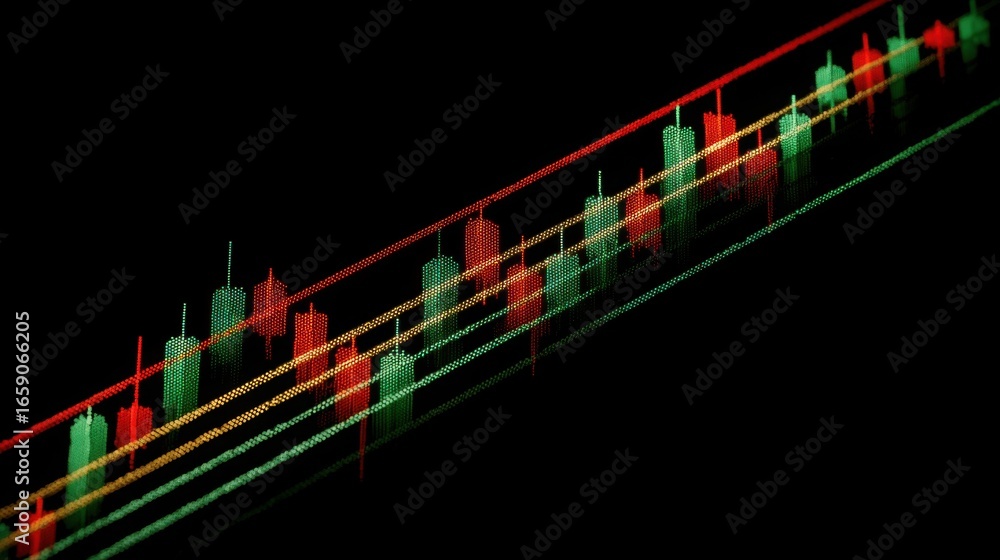 Poster stock chart featuring red and green arrows indicating trendlines in blockchain synced trading enviro