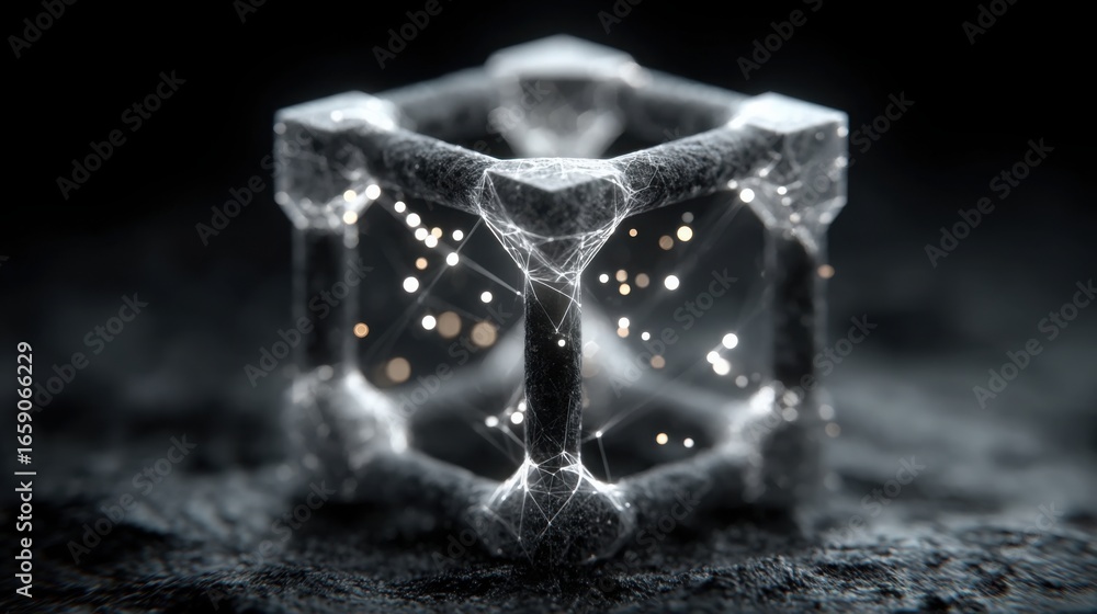 Poster crystal cube against black background representing blockchain synchronized fibonacci compression rat