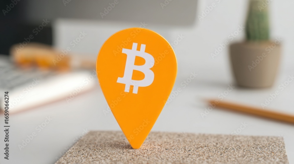 Poster bitcoin pin positioned on table surface highlighting blockchain tagged fibonacci confidence zone mon
