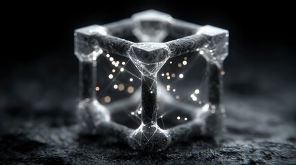 Crystal cube against black background representing blockchain synchronized fibonacci compression rate visualizer