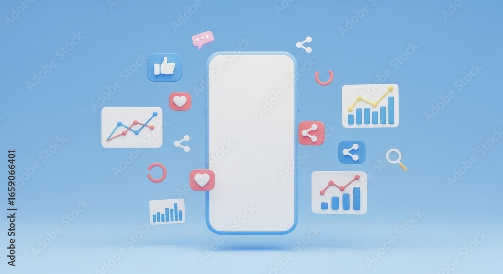 Poster stylized mobile phone with abstract data visualizations and social media icons around it