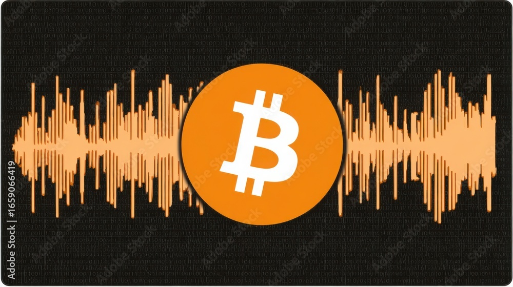 Poster bitcoin overlaid on a sound wave visual representing blockchain verified financial data analysis