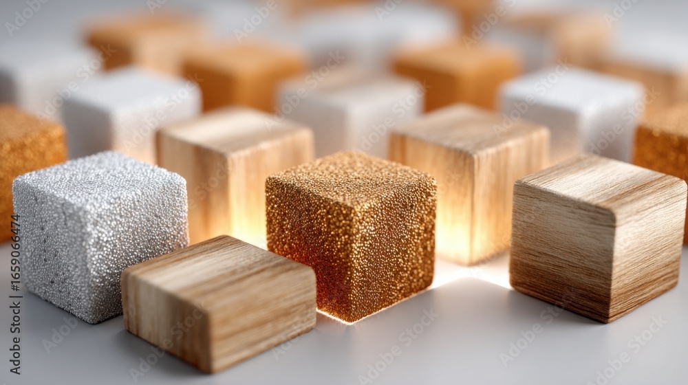 Poster wooden blocks illuminated by soft light creating a unique pattern symbolizing blockchain technology 
