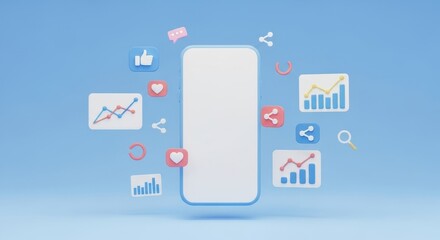 Stylized mobile phone with abstract data visualizations and social media icons around it