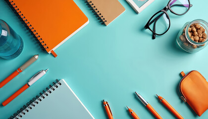 Welcome kit featuring orange, light blue notebooks, pens, glasses, water bottle. Includes small orange pouch, jar of nuts. Perfect for corporate gifts, stationery, promotional giveaways, offering
