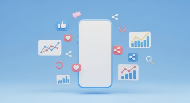 Stylized mobile phone with abstract data visualizations and social media icons around it