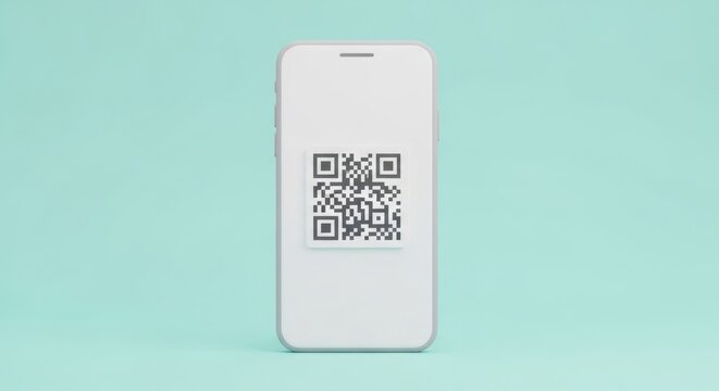 Modern smartphone displaying a scannable qr code with clean minimalist aesthetic and soft teal - Powered by Adobe