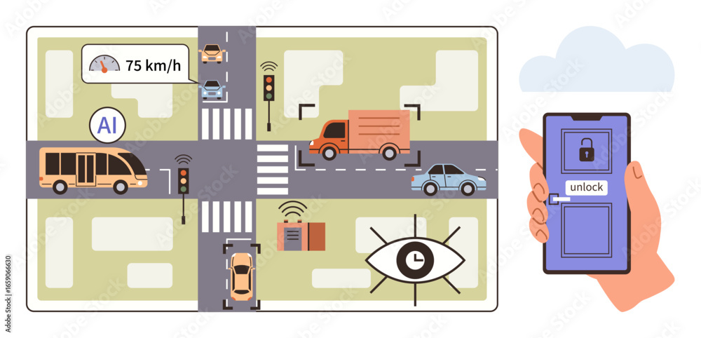 Aufkleber automated traffic lights optimize flow ai tracks vehicles mobile device unlocks doors. ideal for urb