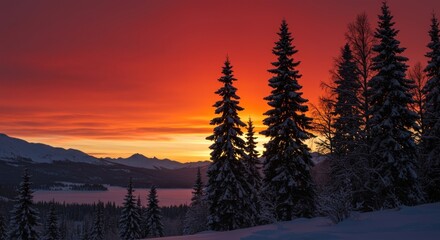 Fiery Crimson Sunset Over a Serene, Snow-Covered Mountain Valley with Silhouetted Pines