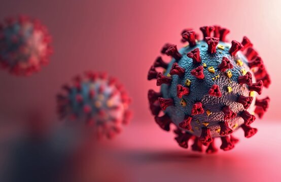 3D rendering of COVID-19 virus particles in red, blue hues. Microscopic view of coronaviruses with detailed spikes, genetic material. Represents global pandemic, infection, health crisis, medical - Powered by Adobe