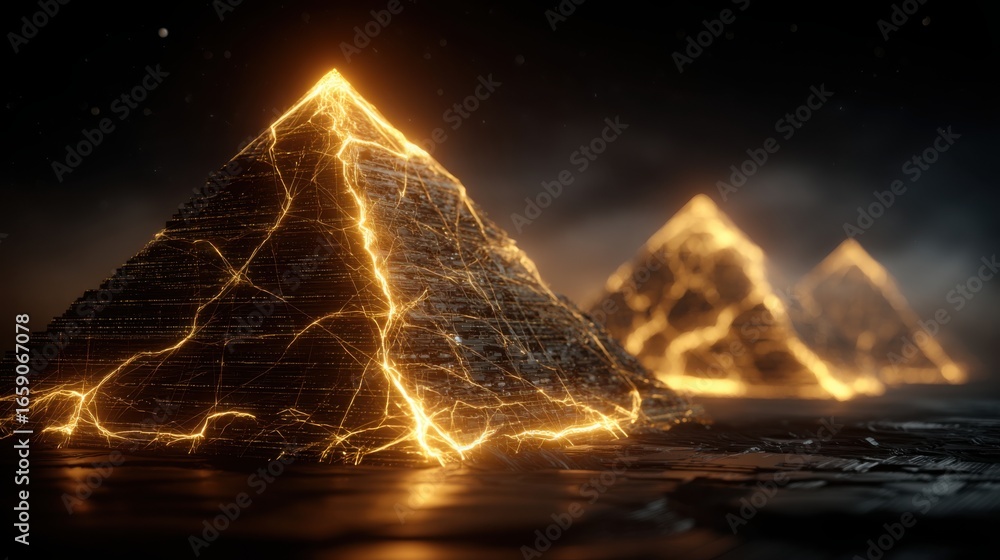 Poster pyramid structure with sparks emanating from its peak signifying energy and dynamic concepts in a cr