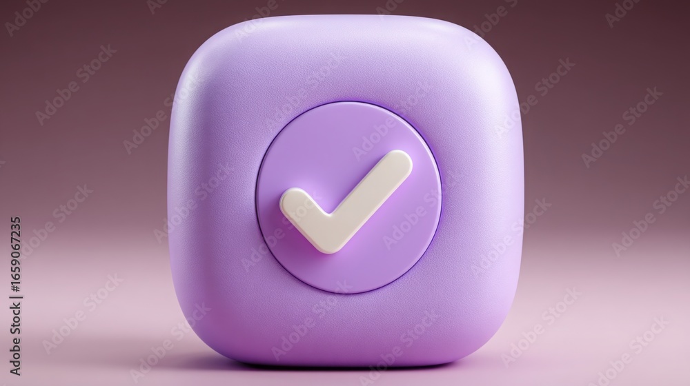 Poster purple button with check mark representing confirmation and approval in a digital interface or appli