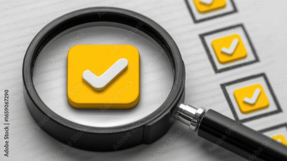 Poster magnified check mark symbolizing success and achievement in a digital scorecard or evaluation system