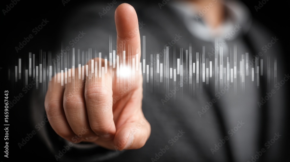 Poster close-up of a finger touching a sound wave representing interaction with audio in a conceptual guide