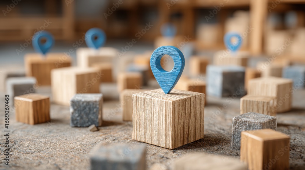 Aufkleber wooden block with a blue pin symbolizing navigation through risk zones in a conceptual guide for dec