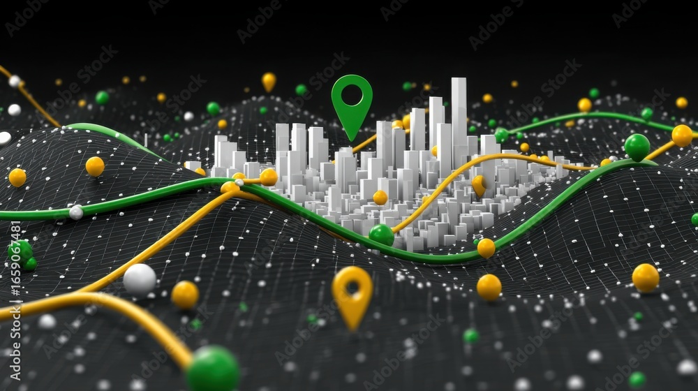 Poster a vibrant city landscape highlighted by a green marker indicating a specific location in a dynamic u