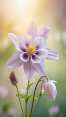 Fototapeta premium Closeup of Beautiful Pastel Purple and White Columbine Flower with Buds in Soft Light
