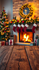 Rustic wooden table surface in foreground with blurred Christmas fireplace scene, decorated tree, glowing wreath, stockings and warm festive lights creating cozy holiday atmosphere