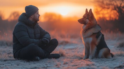 Man and Dog at Sunrise in Frosty Field with Warm Colors