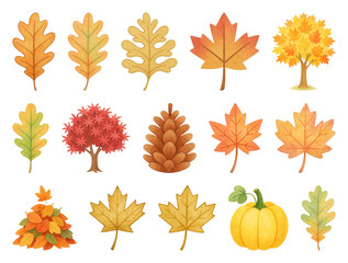 Fototapeta premium PNG Colorful autumn leaves and nature elements, element set on transparent background
