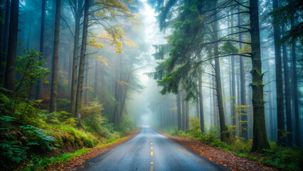 Fototapeta premium A scenic road through a misty forest with tall trees and greenery