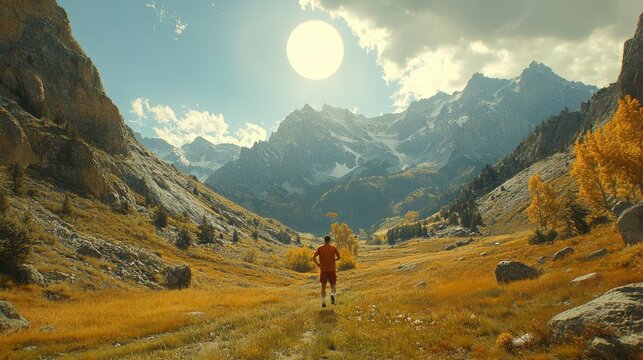 Runner in a Scenic Valley Surrounded by Majestic Mountains and Sun