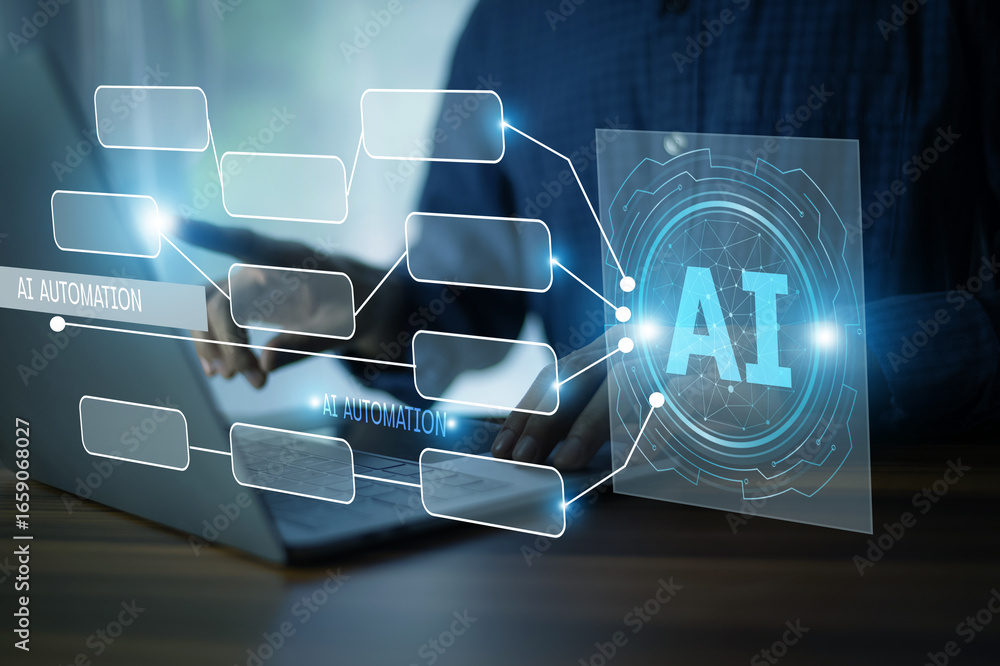 Poster businessman using ai automation and artificial intelligence to transform digital business operations