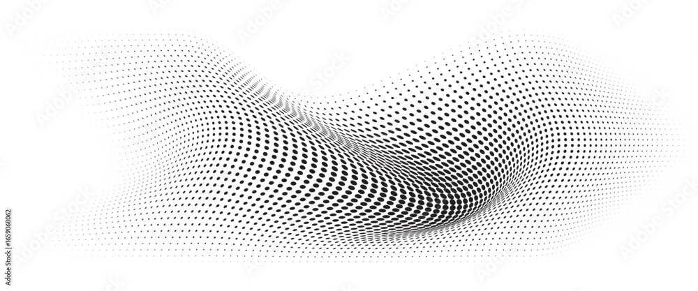 Poster flowing wave dot halftone pattern: curve gradient shape on transparent background. suitable for ai, 
