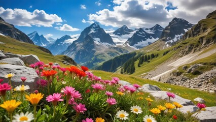 Fototapeta premium Alpine flowers in full bloom amidst rocky mountain landscape