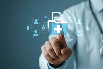 Doctor s hand interacting with a digital medical record interface showing patient data and health icons on a futuristic screen