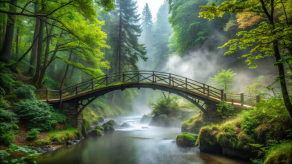 A small bridge over a river in a misty forest with green trees