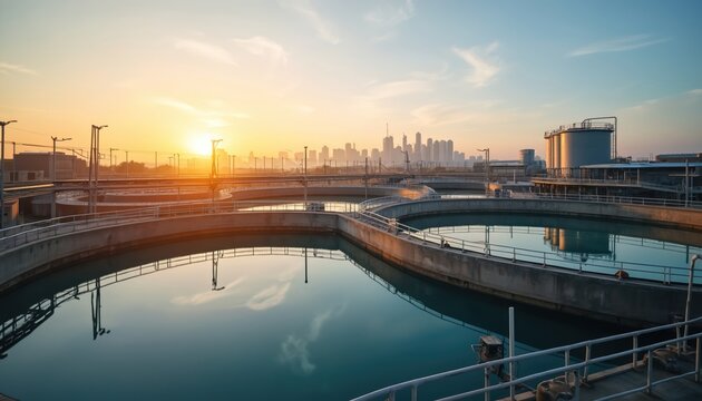 Water treatment plant at sunrise with city skyline in background. Large tanks, circular basins reflect calm water under warm morning sun. Industrial facility modern infrastructure for water