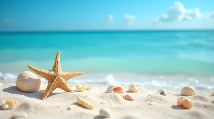 Stunning starfish and seashells rest on pristine white sand beside tranquil turquoise ocean waves.