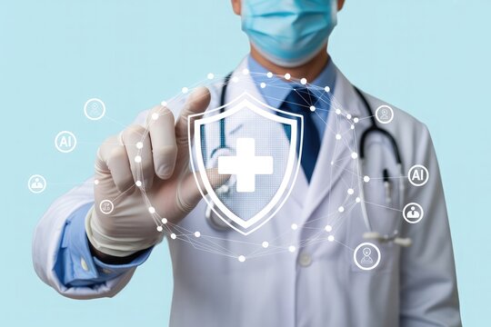 Doctor wearing a mask and gloves touches a glowing shield with a white cross symbolizing healthcare protection and medical safety