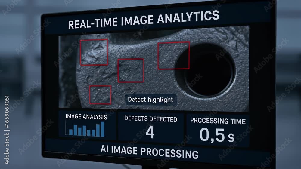 Poster real time ai vdo processing industry production detects defects metal surface with analytics for qua
