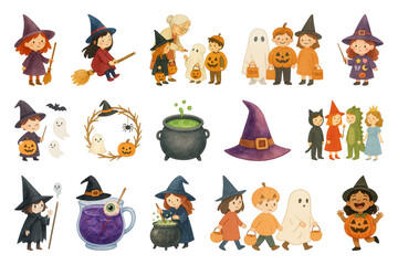 Naklejka na ściany i meble PNG Charming Halloween cartoon characters, element set on transparent background
