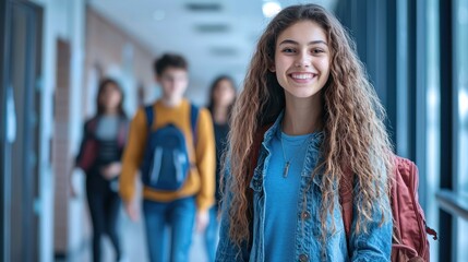 A young woman with long curly hair standing in a hallway with other students.