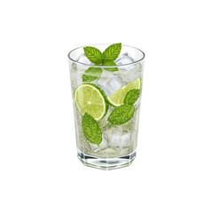 Glass of refreshing mojito cocktail with lime and mint isolated on white background