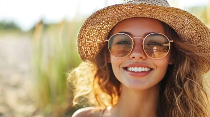 A woman with long, wavy hair wearing a straw hat and sunglasses, standing on a beach with a clear blue sky in the background.