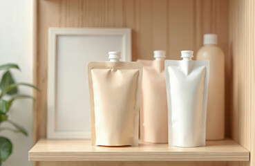 Eco-friendly refill pouches for liquid soap, shampoo, cosmetics. These zero-waste packaging solutions promote reuse, reduce plastic use, offer sustainable alternative for personal care products.