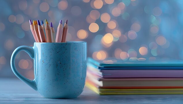 Colorful pencils in a mug beside a stack of notebooks against a bokeh background