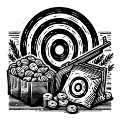 Obraz premium Shooting Range Still Life with Rifle Target Basket Clay Pigeons Black and White Outline Line Art Drawing
