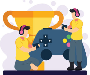 E-Sports Gaming Tournament Illustration. Boys playing esports tournament with trophy illustration