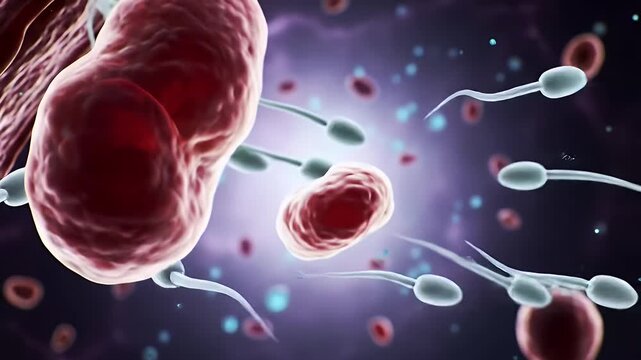 Detailed Microscopic Animation of Red Blood Cells and Sperm Cells on Dark Purple Background Representing Fertility and Reproduction Medical Visualization and Science 3D Rendering