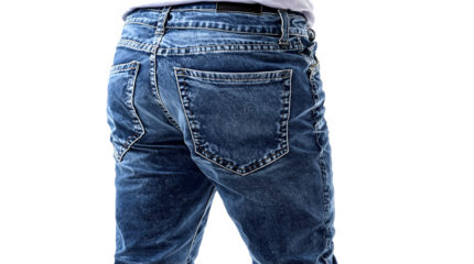 Close-up of a man's denim jeans showing the back pocket detail and stitching