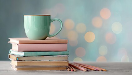Fototapeta premium A pastel green mug rests atop a stack of books, next to colored pencils, against a bokeh background
